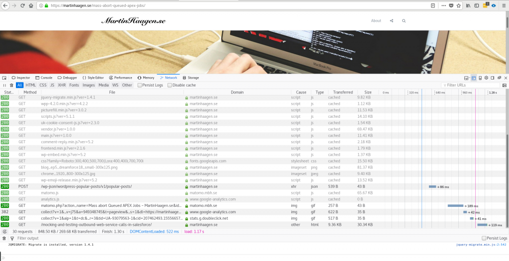 Showing the network traffic caused by visiting the martinhaagen.se blog