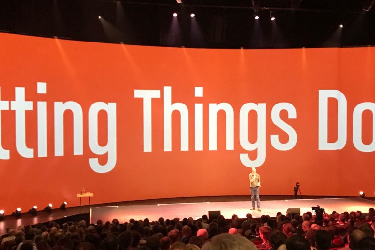 Stage with "Getting Things Done" printed on the main screen